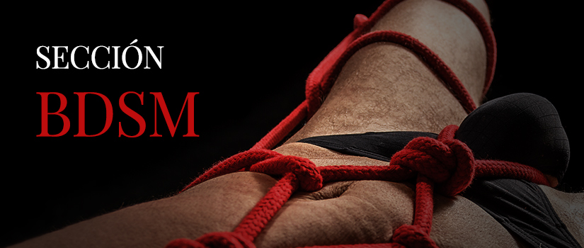 Cabecera de la categoría BDSM donde se muestra el texto BDSM y aparece el torso y los genitales de un hombre con cuerda y nudos bondage.